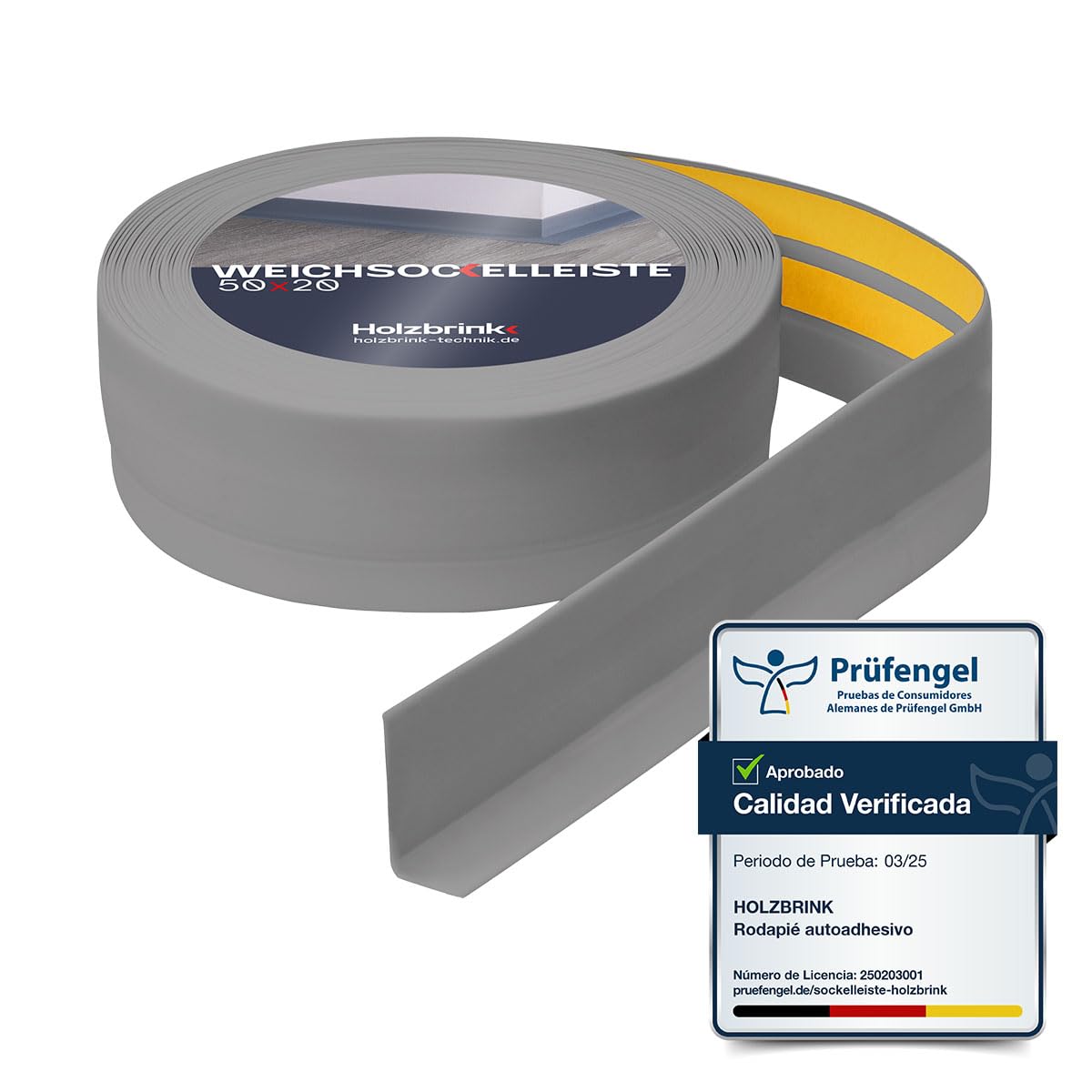 HOLZBRINK Rodapie PVC adhesivo 50x20mm, 25 m | Rodapie flexible para encimera cocina, esquineras pared de baño | Cantoneras adhesivas | Color: gris claro