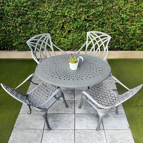 Image of Lazy Susan Daisie Oval Garden Table with 4 x Rose Chairs | Maintenance Free | Weatherproof | Cast Aluminium | Slate Grey Finish | Green Cushions | 3 Year Guarantee
