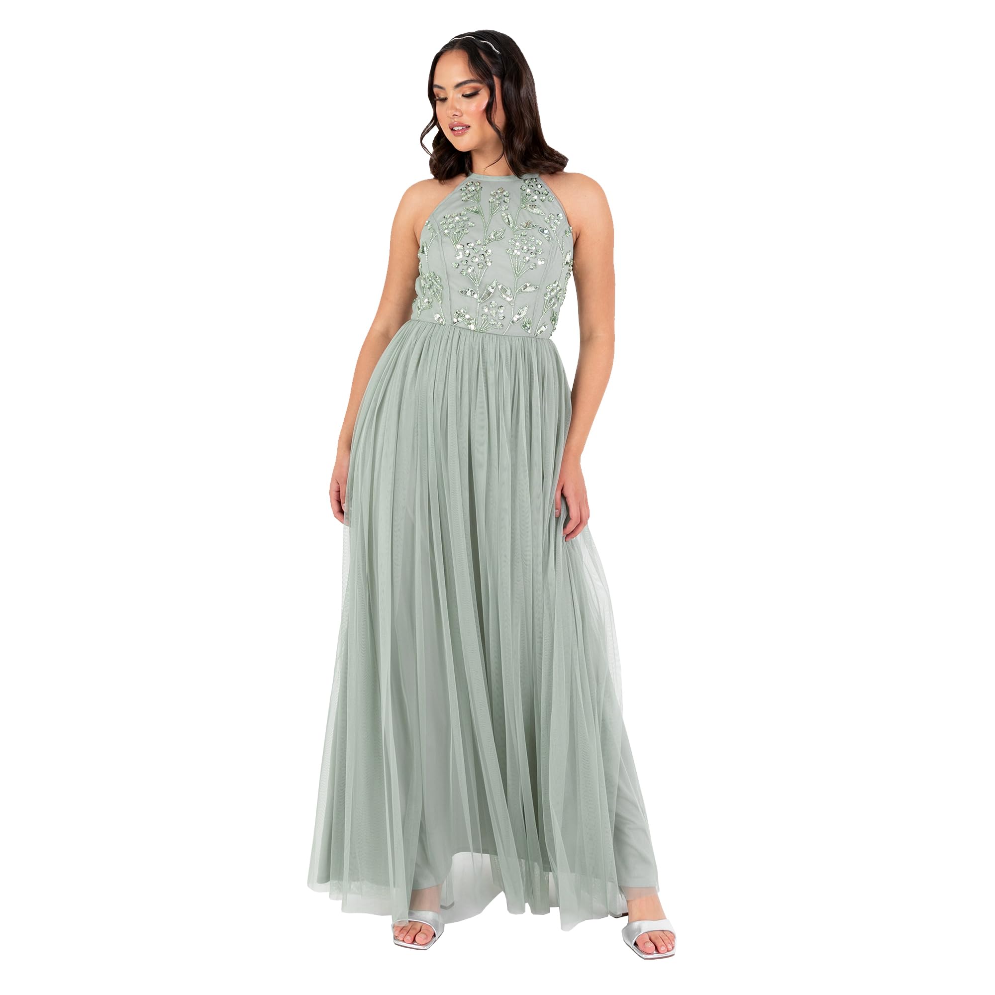 Maya Deluxe Women's Maxi Dress Ladies Halterneck Sleeveless Floral Sequin Embellished Tulle A-line Bridesmaid Prom Ball Gown, Green Lily 22