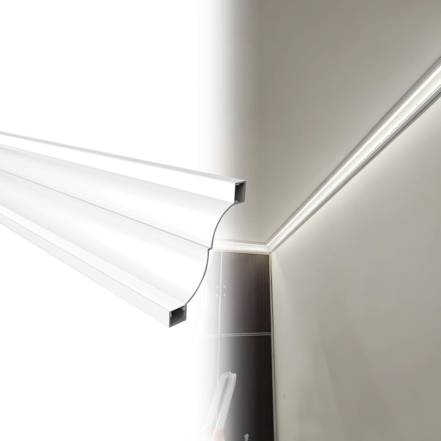 White Aluminum LED Channel Molding - Indirect Lighting Trim for Hallway, Living Room, Bedroom - LED Skirting Baseboard Cover, Ceiling Decor (1PC, 1m/3.3ft)