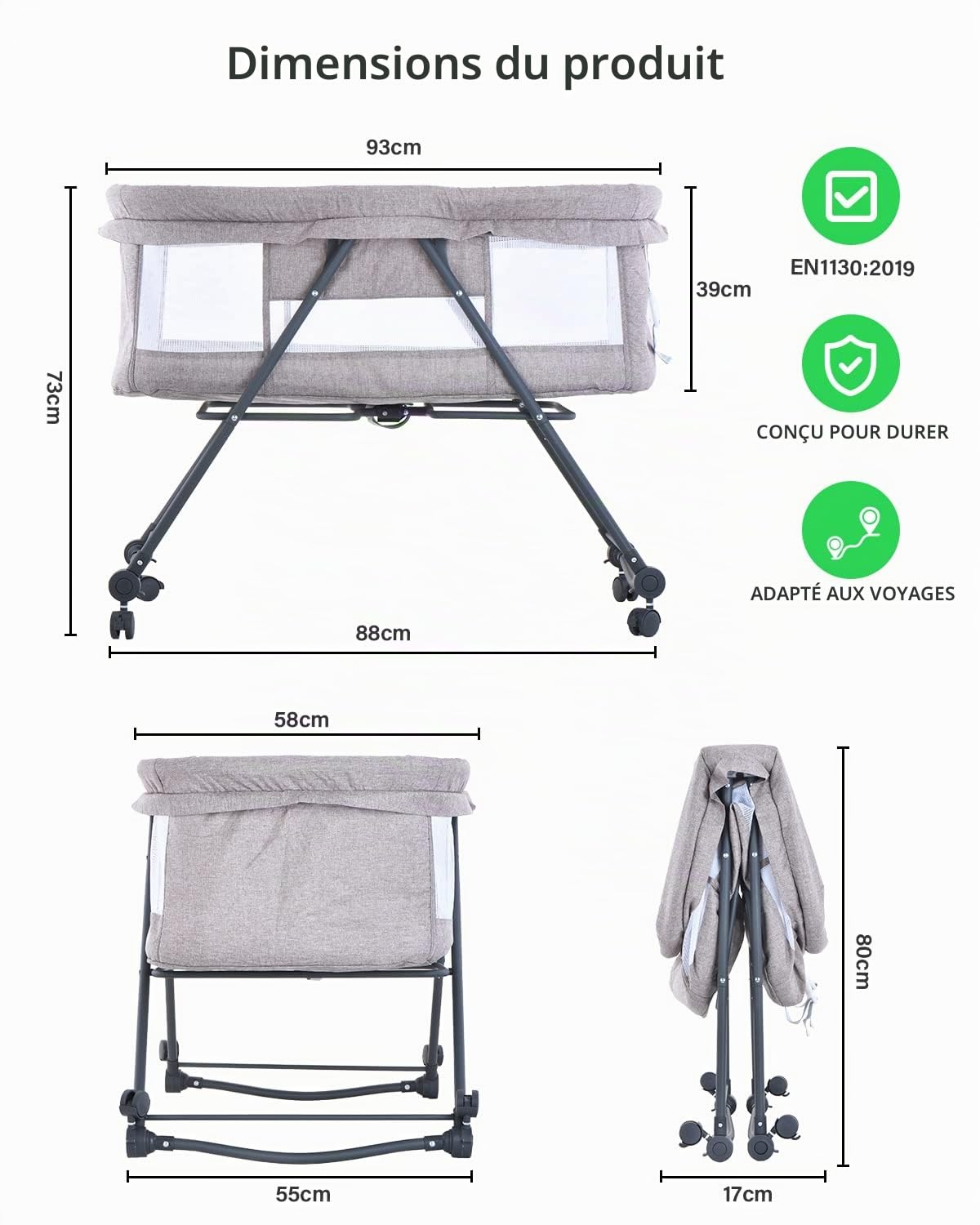 UBRAVOO Lit de Voyage Bebe, Lit Bebe avec Matelas et Roues, Berceau de Chevet | Berceau à Bascule Transformable, Bravo Basic, Kaki