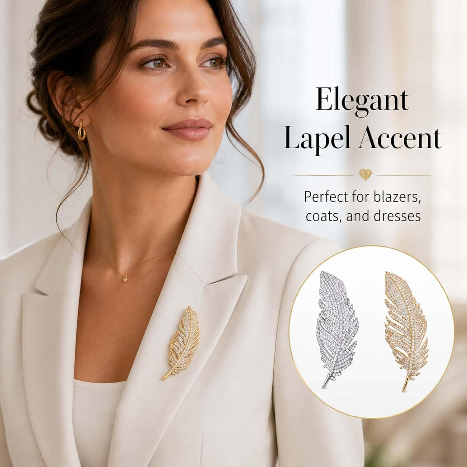 2PCS Feather Brooch Pin Set for Women Men,Gold Silver Rhinestone Brooch Lapel Pin,Crystal Brooch Pins for Dress,Blazer,Scarf,Hat,Bag,Backpack,Suit,Tie,Wedding,Party
