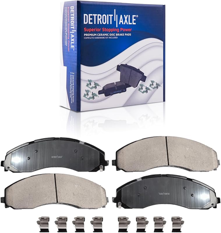 Pastilhas de freio dianteiras cerâmicas Detroit Axle P-2018 para Ford F-450 e F-550 Super Duty 2017–2021 – 2 unidades com ferragens