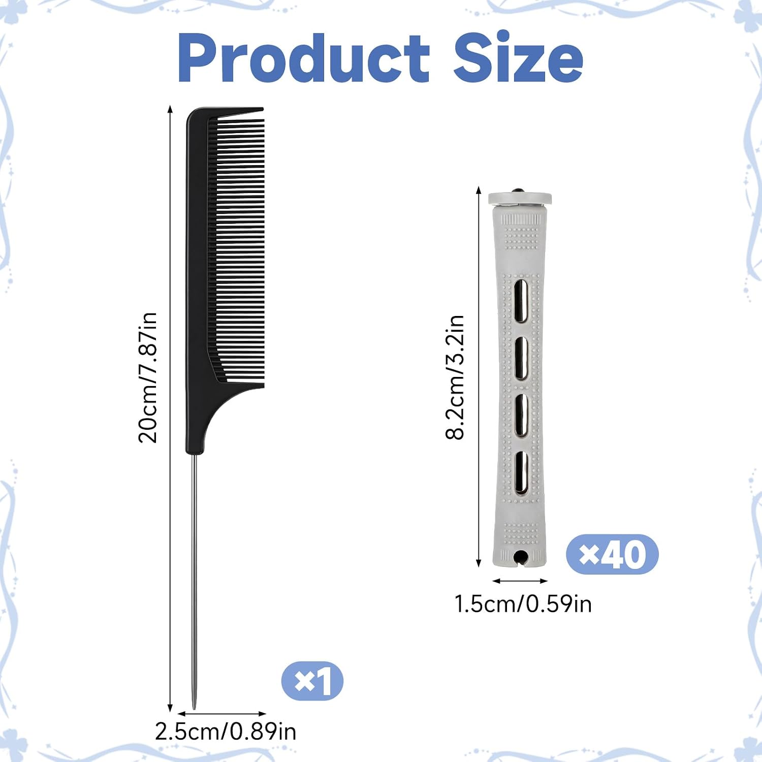 Perm Rods Set for Short Natural Hair, 40pcs Plastic Hair Rollers for Short Long Hairs, Cold Wave Rods Hairs Curling Rollers with Steel Pintail Comb Rat Tail DIY Hairdressing Tools