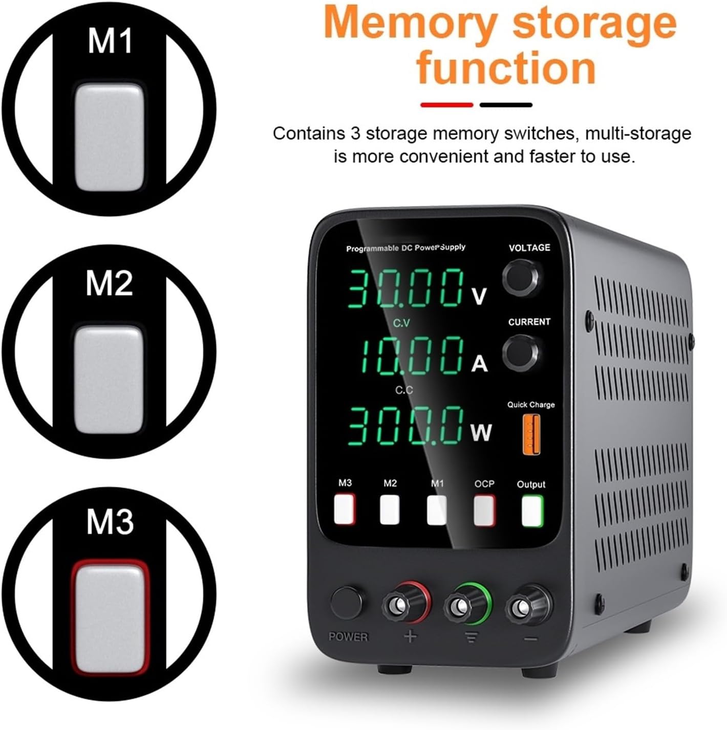 Front panel diagram showing Type-C Fast charging interface, Voltage and current switching keys, Adjust the voltage and current knob, USB Fast charging interface, and OCP indicator