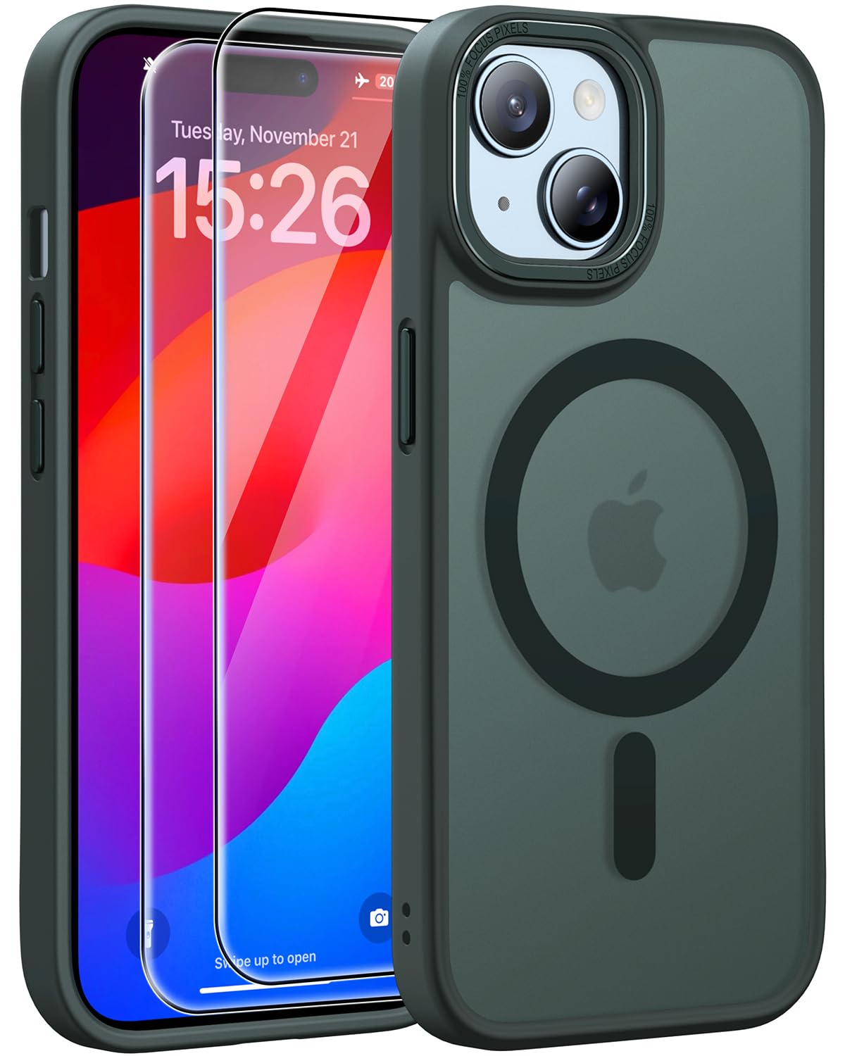 JAMEfor iPhone 15 Case, iPhone 15 Phone Case with 2 Tempered-Glass Screen Protectors, [Compatible with Magnetic], [Military-Grade Protection], Slim Fit Phone Case for iPhone 15 Case, Deep Green