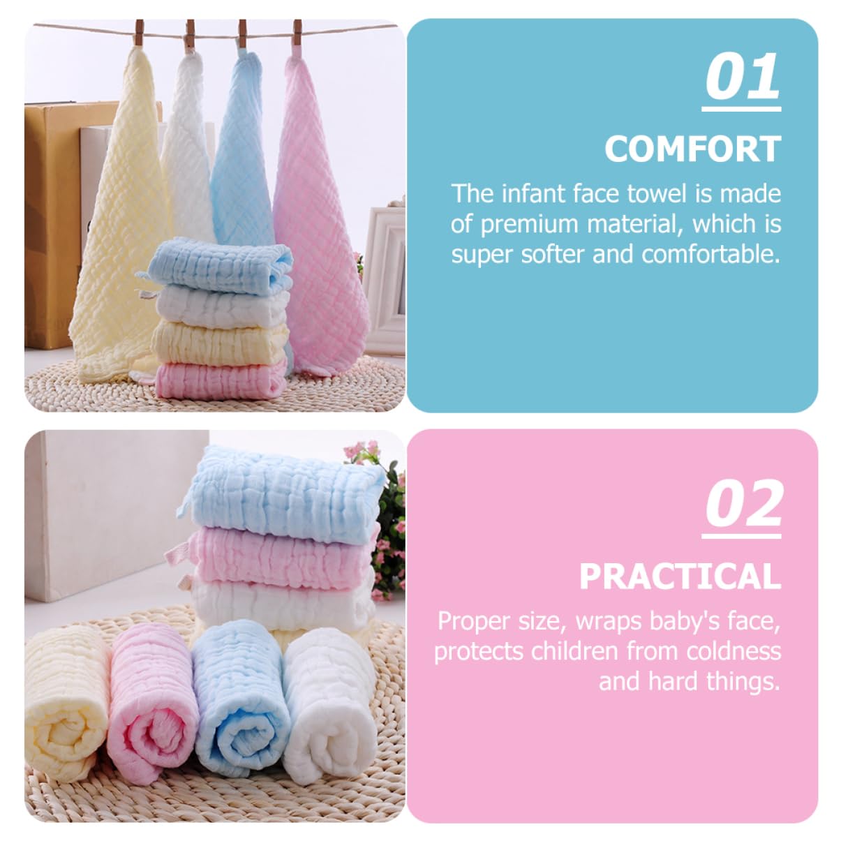 VICASKY 5pcs Boy Girl Cotton Face Towel Soft Reusable Burp Cloths for Newborns