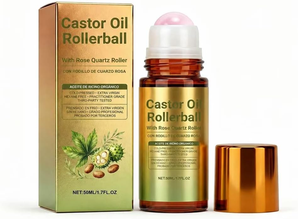 FONSKIN Castor Oil Roll On with Rose Quartz Roller – Natural Moisturizing Oil for Brows, Lashes, Hairline, Face & Dry Skin – Travel-Friendly Leakproof Glass Bottle, 1 PC