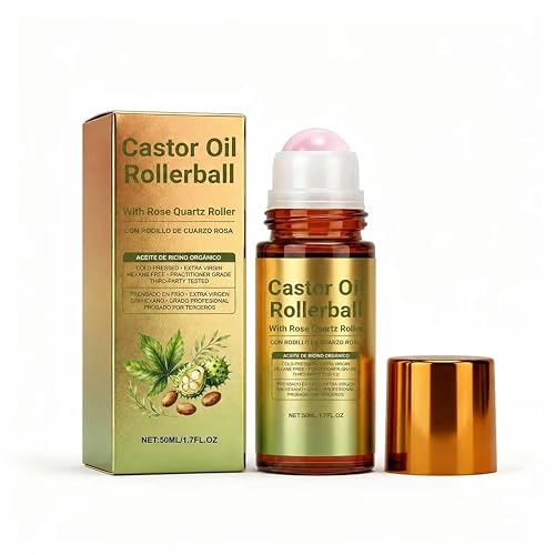 Castor Oil Roll On with Rose Quartz Roller – Natural Moisturizing Oil for Brows, Lashes, Hairline, Face & Dry Skin – Travel-Friendly Leakproof Glass Bottle, 1 PC
