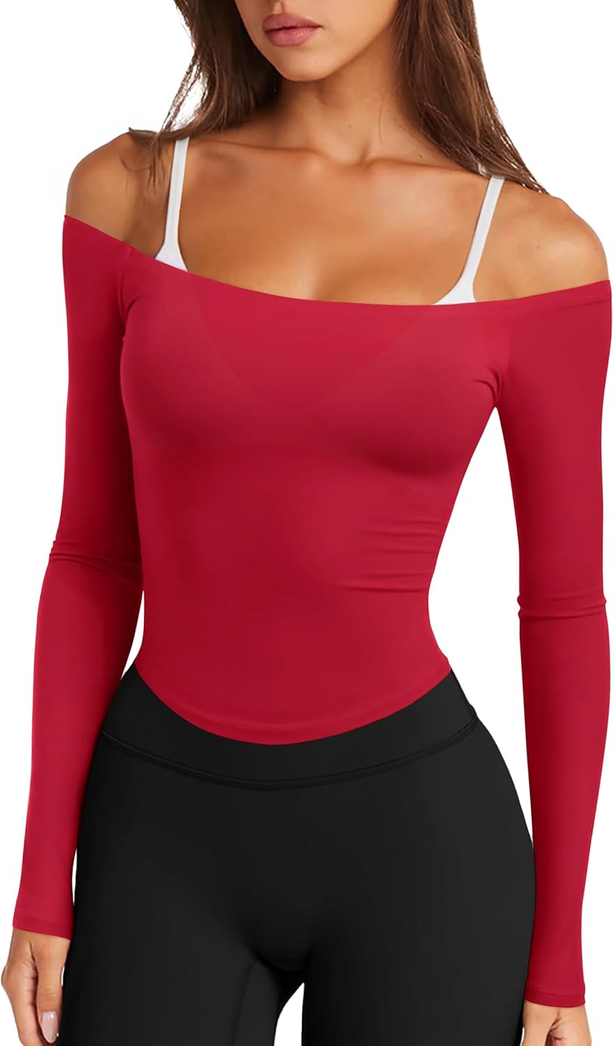 LASLULU Womens Sexy Off The Shoulder Long Sleeve Workout Tops Strapless T Shirts Crop Top Casual Fall Outfits