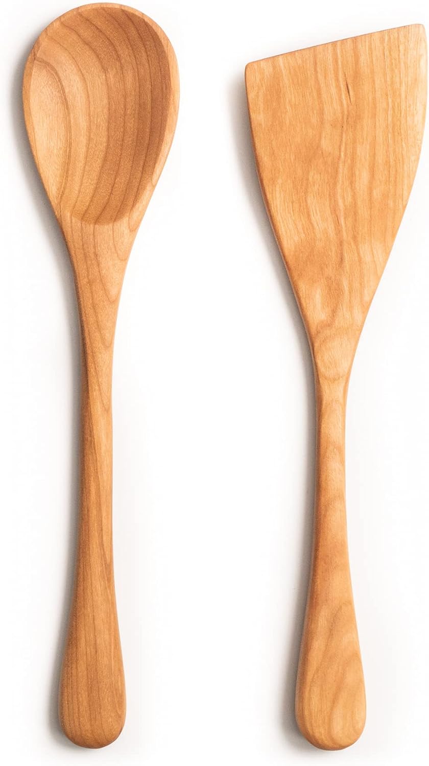 Handmade Wooden Spoon & Spatula Set - 12” Cherry Wood, Hand Carved, Made in the USA with Pennsylvania Black Cherry Wood - Cooking Spoon and Spatula Combo