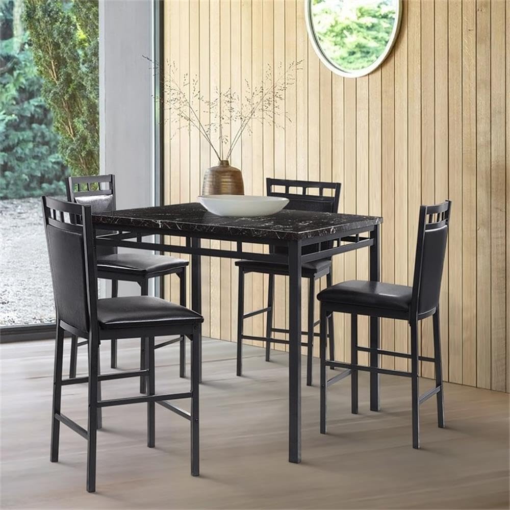 Pemberly Row 5-Piece Counter Height Dining Set, Faux Marble Top, Black Metal Finish, 40x40x36 in Table, Faux Leather Upholstered Chairs, Stylish Compact Design for Kitchen or Dining Room Use