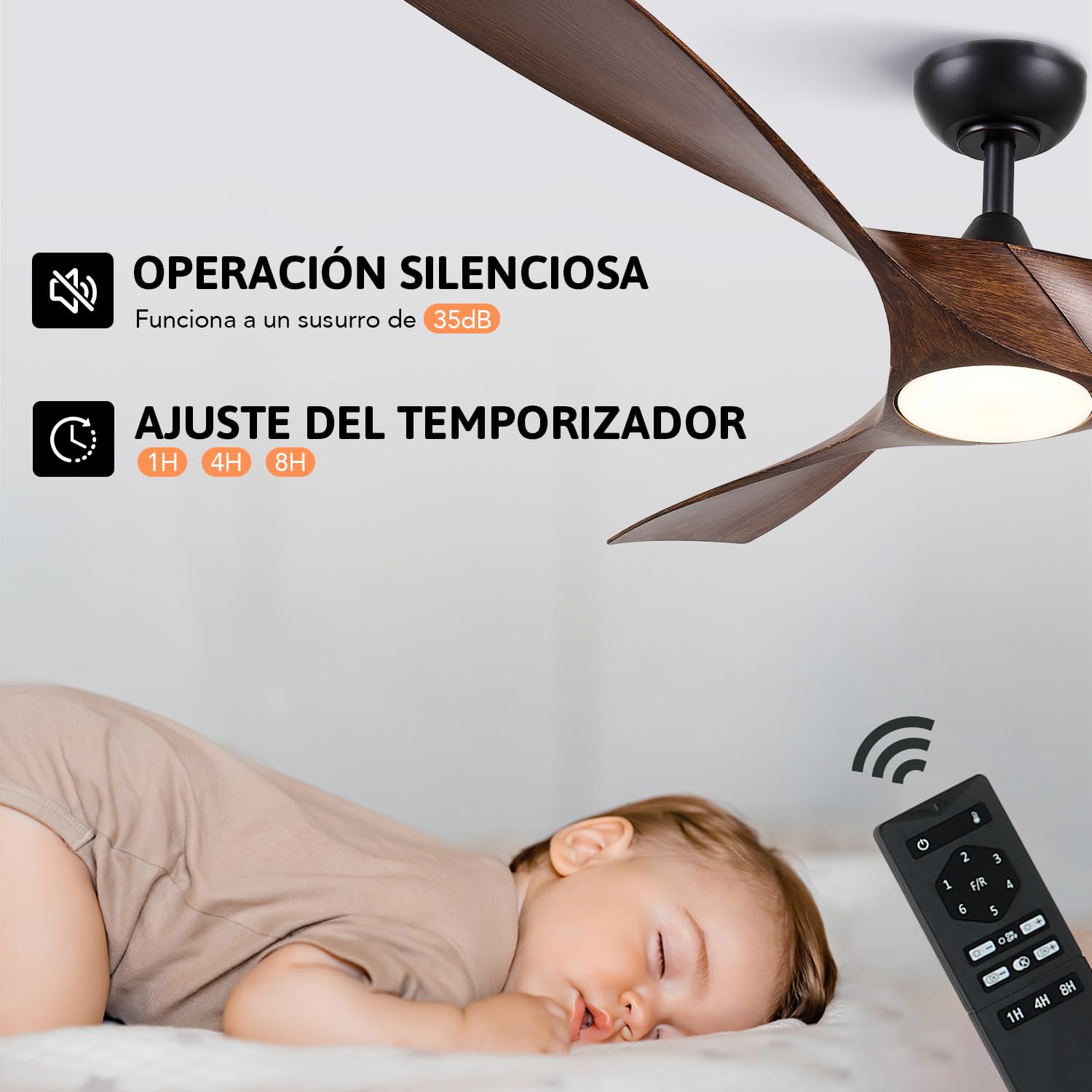 VONLUCE Ventilador de Techo con Luz y Mando a Distancia, 132 cm, 3 Aspas, Motor DC Reversible Silencioso de 6 Velocidades, Ventilador de Techo para Estudio, Patio, Marrón Oscuro