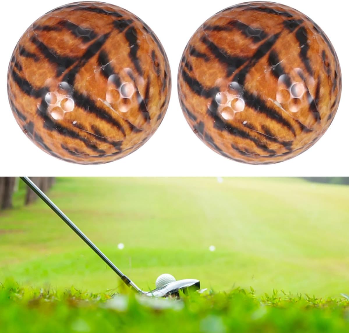 Uonlytech 2pcs Tiger Pattern Soft Practice Golf Balls for Training and Warm Ups 2 Layers Synthetic Rubber Sturdy Balls with Drop-and-Stop Control for Beginners