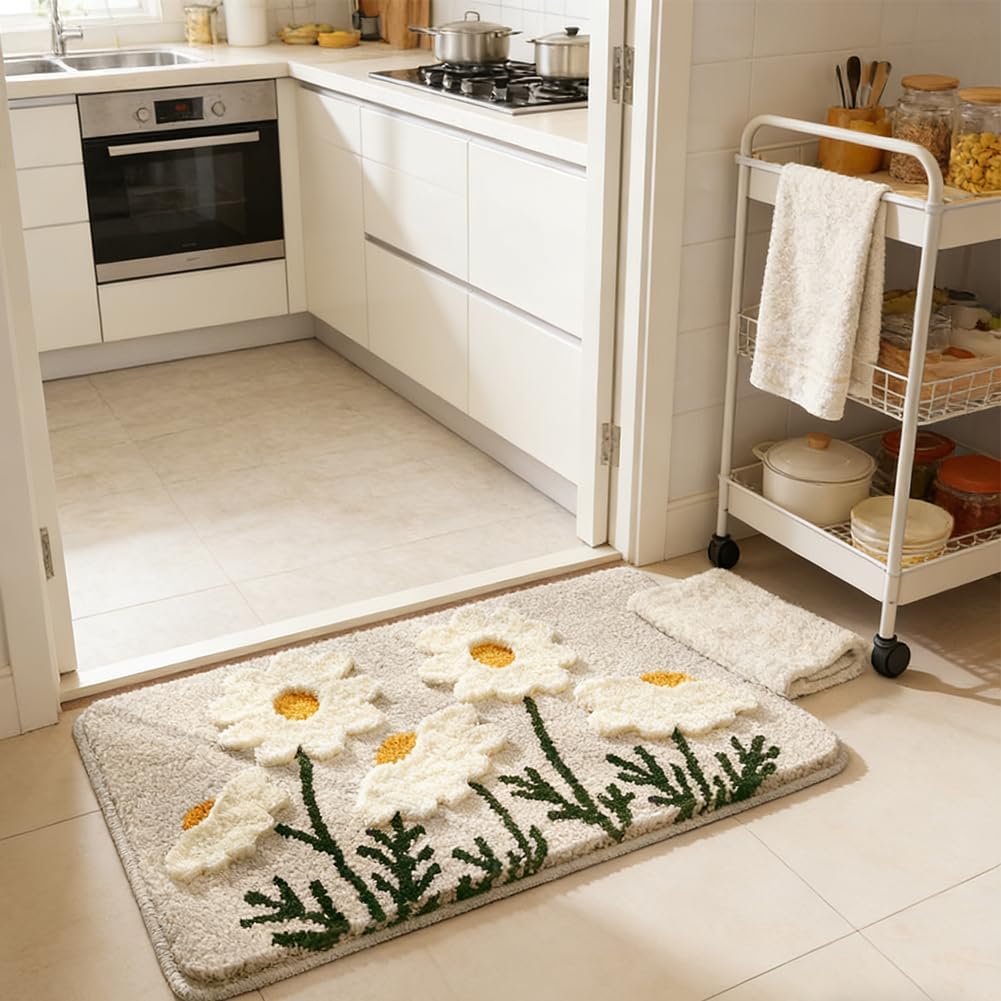 Fluffy Absorbent Flower Bathroom Rug Washable, 32" x 20" Bath Mat for Bathroom Non Slip, Soft Tufted Rug Flower Bath Mat Home Decor, White Flowers