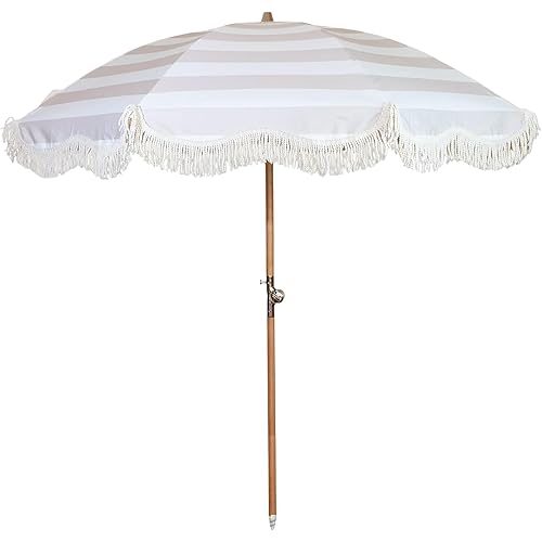 The Beach Bums of Cape Town Beach Umbrella for Sand with Fringe – Luxury Boho Outdoor Umbrella for Beach, Pool, Garden, UPF 50+ Wood Shaft Metal Fittings Round with Carry Bag From