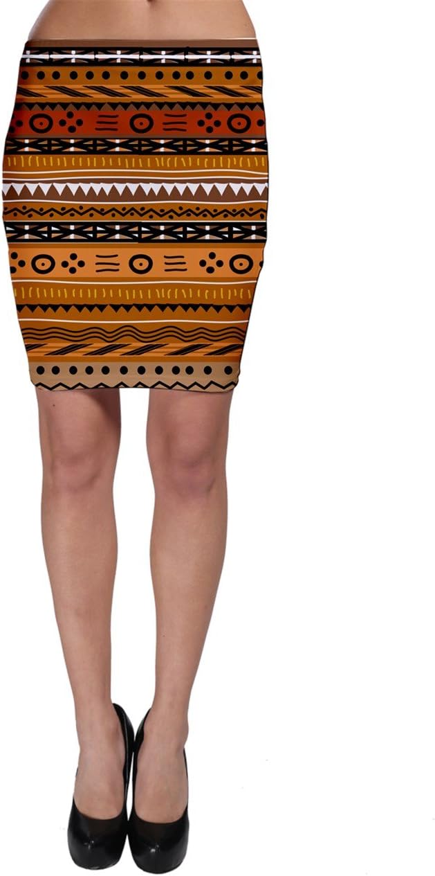 Saytoons Womens Black Brown and Orange African Pattern Bodycon Skirt, Black - S