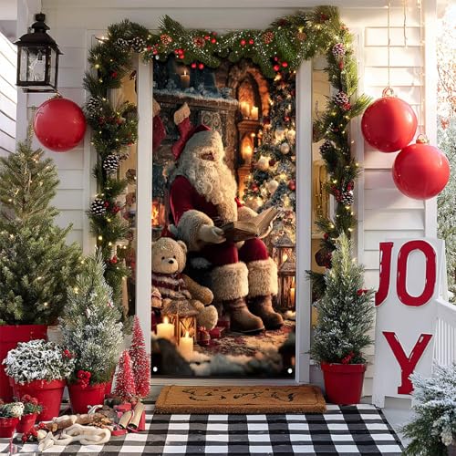 Image of BlissYard Christmas Door Cover Santa Fireplace 35x71 Inch Polyester