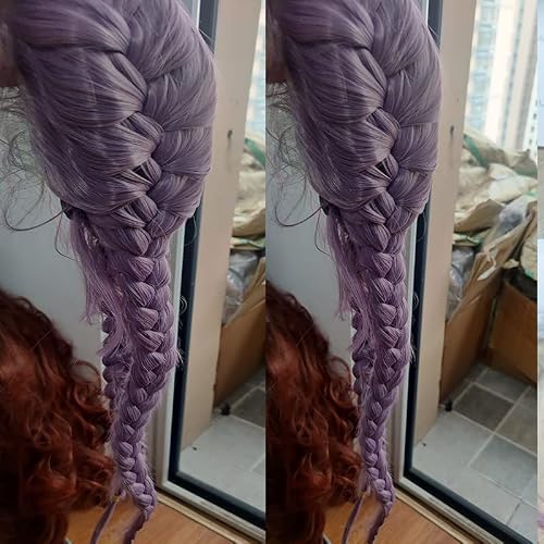 Xiweiya Mixed Light Purple Double Braids Lace Front Wig With Baby Hair Silver Lavender Dutch Braids 100% Hand Braided Purple Wigs Heat Resistant Fiber Natural Hairline Soft Wig 24Inch (Light Purple) #TOP4