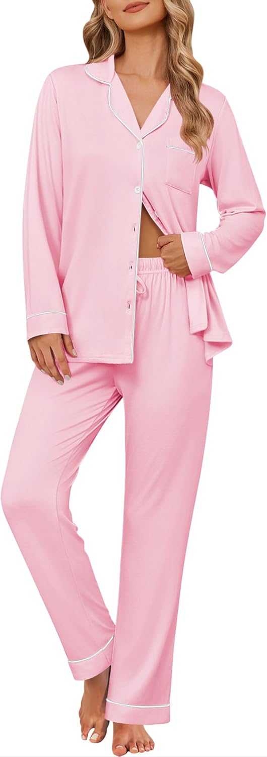 Ekouaer Women's Pajama Sets Soft Button Down Pj Sets 2 piece Long Sleeve and Pants Loungewear Set S-XXL