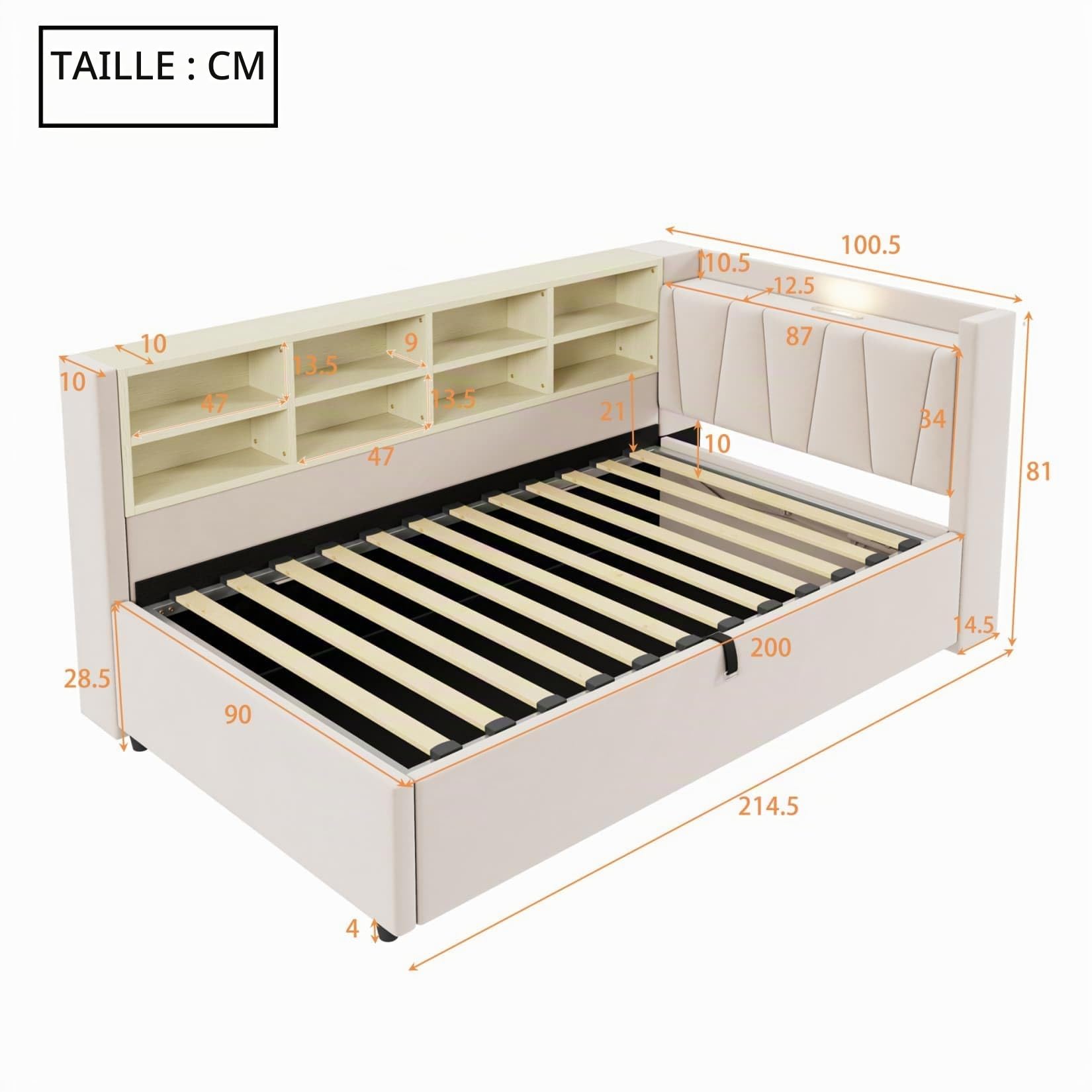 PUGSDRLY Lit 1 Place 90x200cm avec Rangement Hydraulique et Veilleuse,Canapé Lit Multifonctionnel avec Compartiments de Rangement,Port USB et Type-C,Sommier à Lattes,Tissu Velours (Beige, 90)