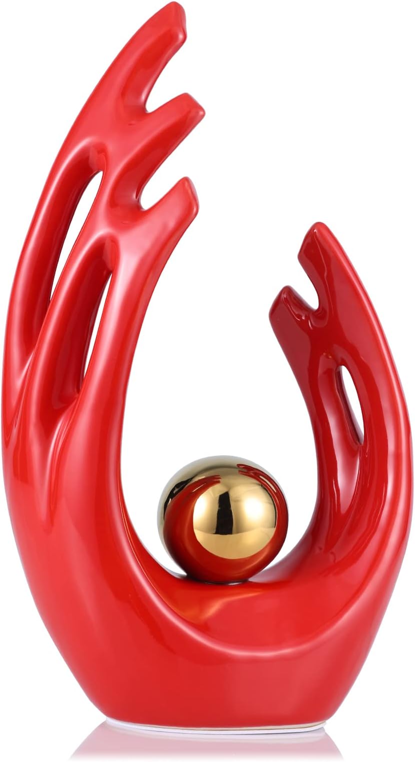 LCCCK 12" H Red Gold Aesthetic Room Decor Accent, TV Stand Funky Table Centerpiece, Abstract Art Ceramic Statue and Sculpture, Red Decor for Living Room, Bookshelf Decorative Objects, Shelf Decor
