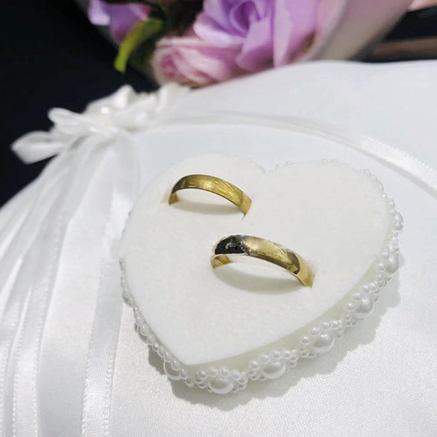 Wedding Ring Bearer Pillow, Ring Cushion White Lace Floral Bow and Heart Ring Holder Box for Wedding Ceremony 7.8 x 7.8 inch