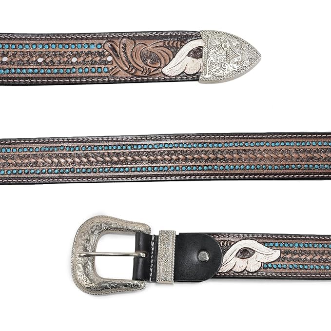Image of Western Leather Belt for Men & Women, Floral Embossed Cowhide, Durable Rodeo Style for Jeans, Casual Wear & Country Outfits