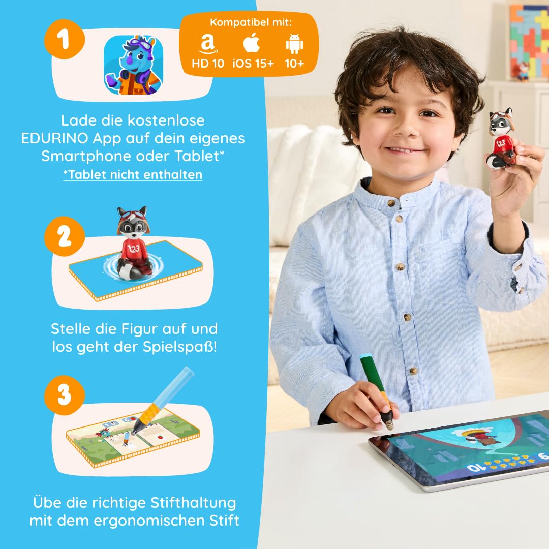 Edurino Robin - Juego de iniciación (primer cálculo hasta 10 (nivel 2) a partir de 4 años, incluye lápiz capacitivo, juego educativo innovador y digital, comprensión de números, ordenar y ordenar