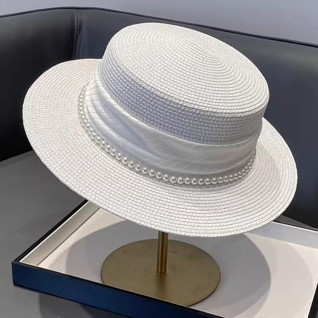 Celebrity Wind Flat Top Hat Elegant Pearl Seaside Sun Protection