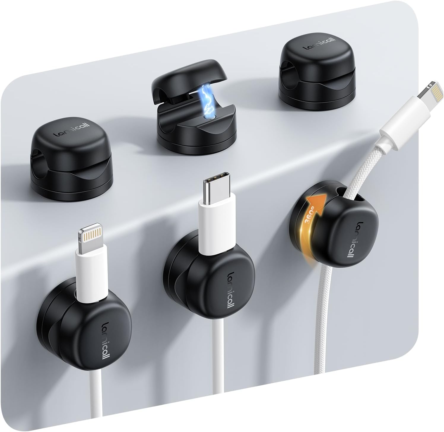 Lamicall 6 Pack Magnetic Cable Clips, 360° Rotating Cord Organizer Cable Management, No Residue Adhesive Phone Charger Cord Holder for Desk Nightstand Wall Car, Office Home Dorm Room Accessories