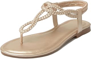 iCKER Womens Braided Flat Sandals T‑Strap thong Elastic Stretch Ankle Strap