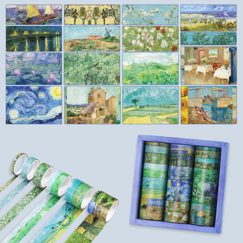 MSLSOZ Washi Tape Set, 18 Rolls Vintage (Van Gogh & Monet Oil Painting Theme) Decorative Tape, 5 Sizes Decorative Masking Tape for Scrapbooking, Journaling, DIY Crafts, Gifts