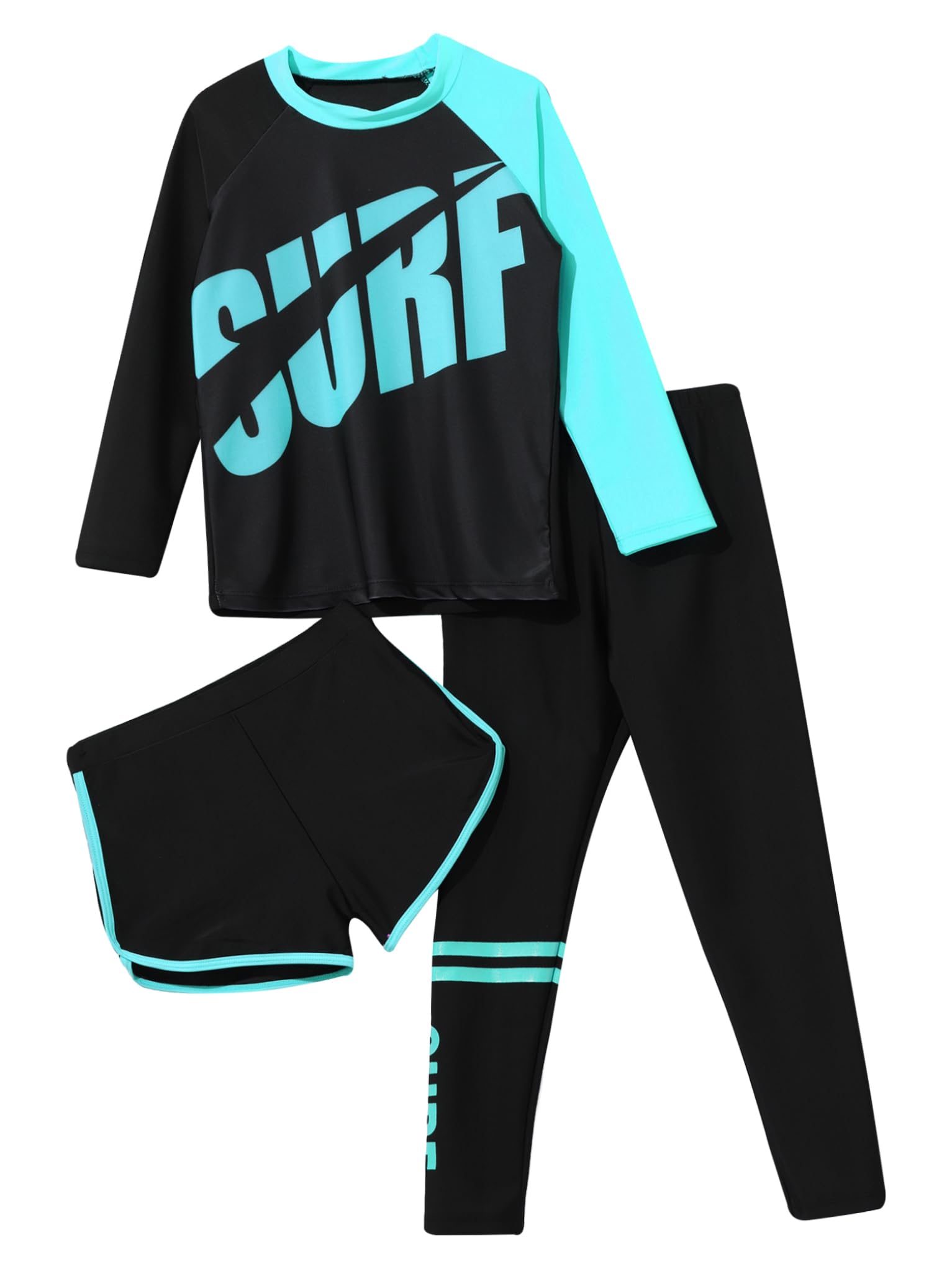 TTAO Girls Quick Dry Surfing Sunsuit Round Neck Swim Top with Long Pants and Shorts Blue 8-10 Years