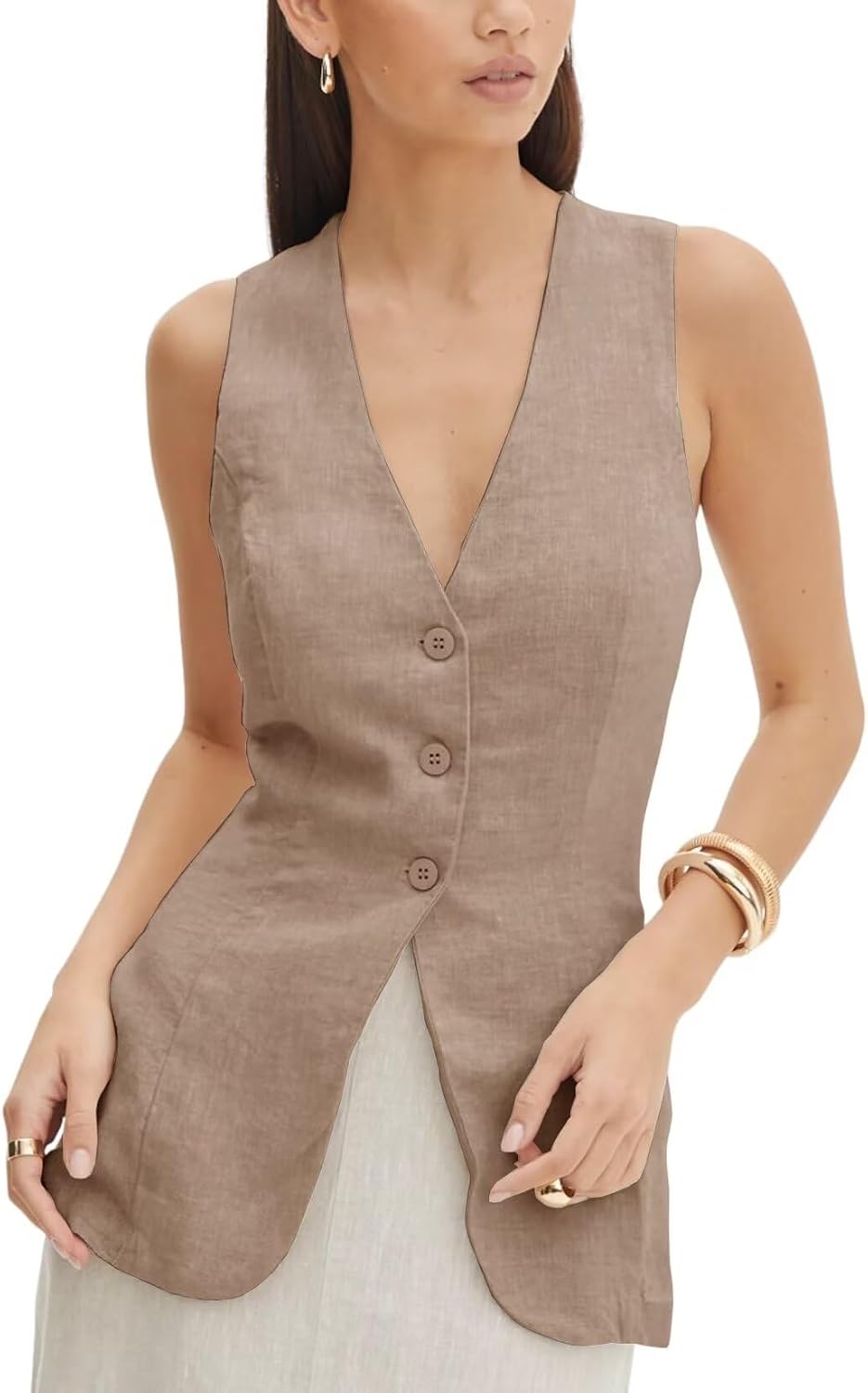 Women's Summer Linen Vest Sleeveless 3 Button V Neck Casual Beach Waistcoat