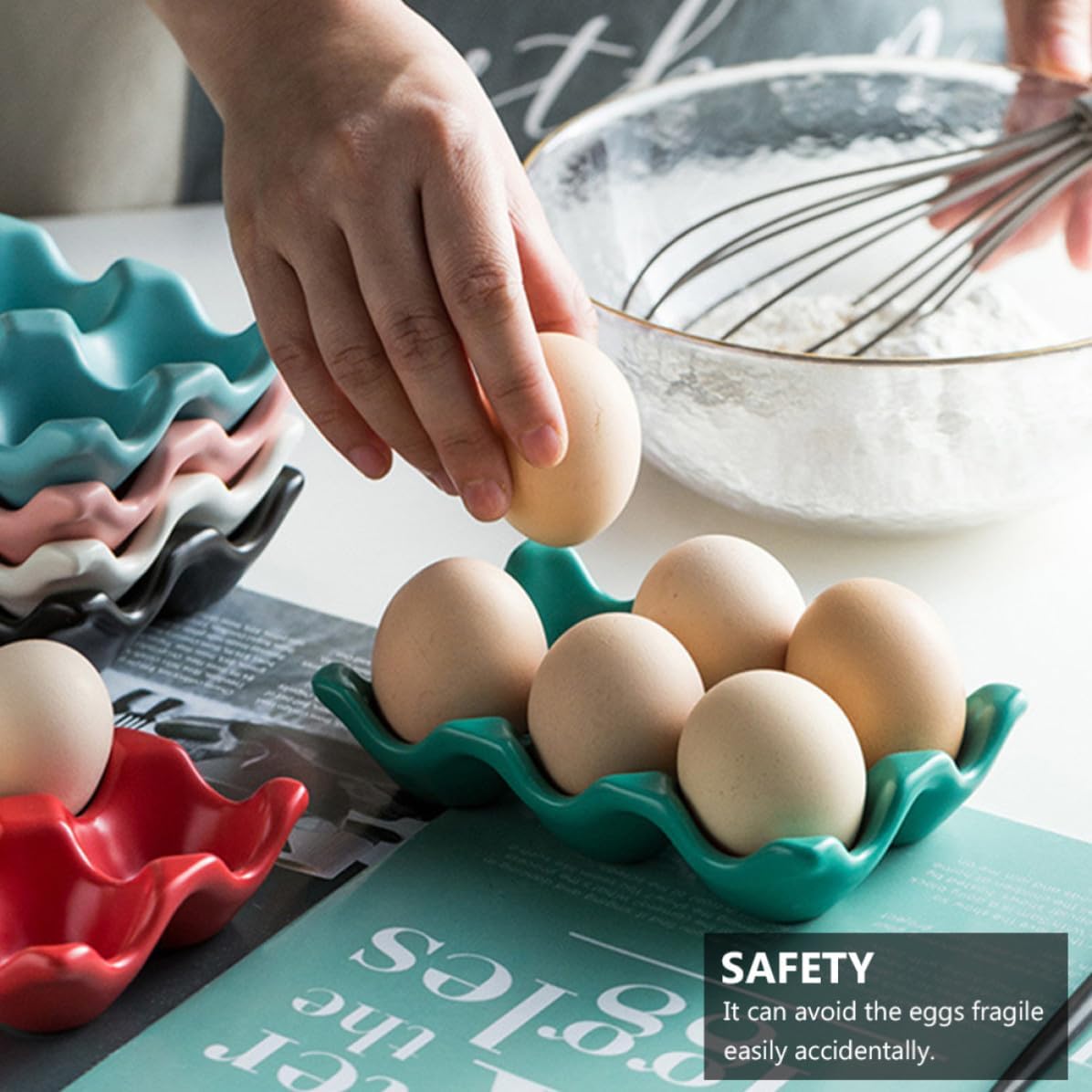 2pcs Ceramic Egg Tray with 6 Slots, Stackable Kitchen Storage Rack