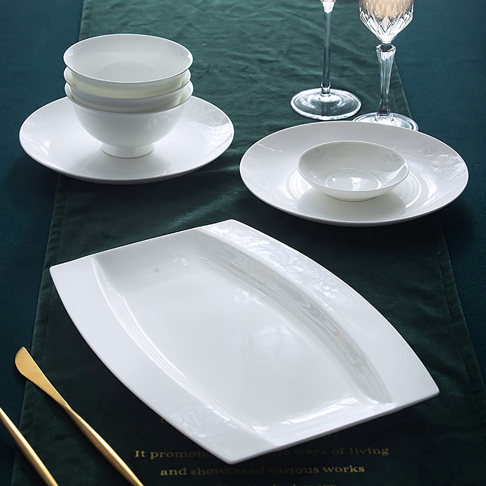 50-częściowy zestaw obiadowy, biały porcelanowy naczynia kuchenne z porcelany kostnej zestaw kombi z miską na płatki talerz deserowy talerz do zupy talerze rybne naczynia i garnek do zupy na 10