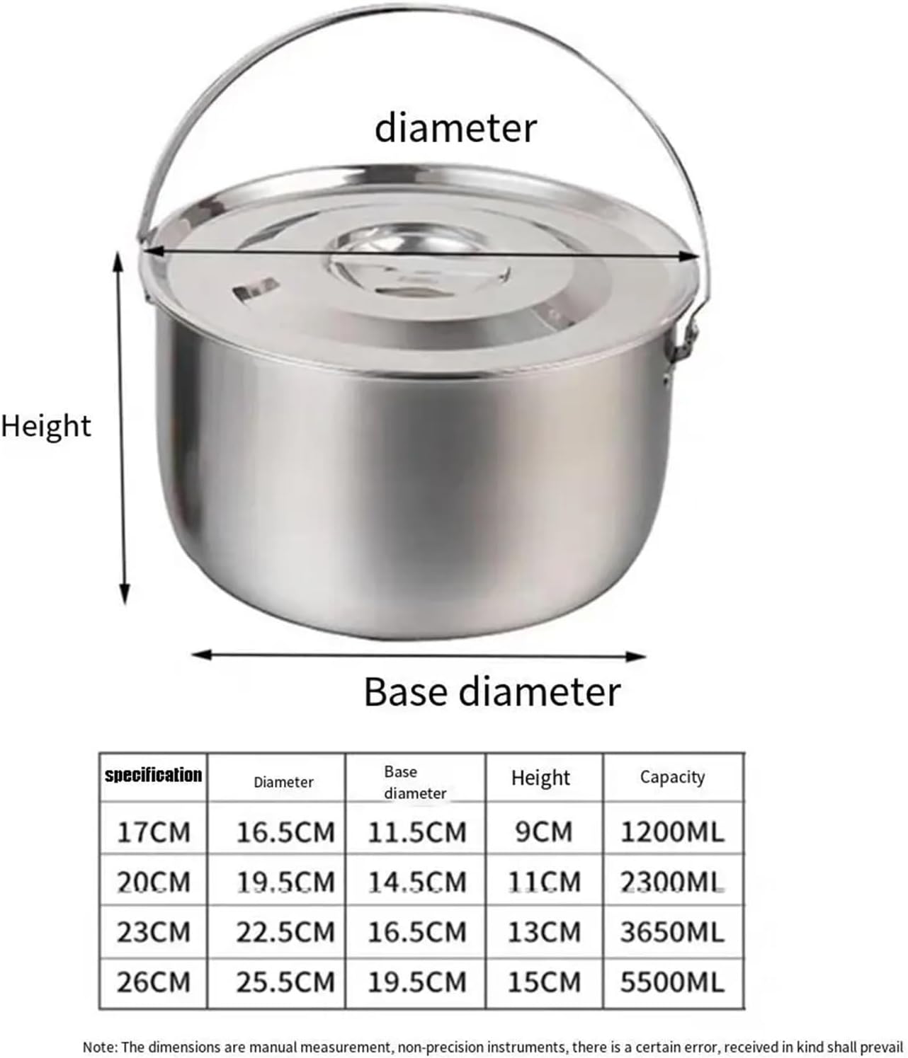 17-26cm Stainless Steel Hanging Camping Pot with Handle & Lid, Durable Multifunctional Outdoor Cookware