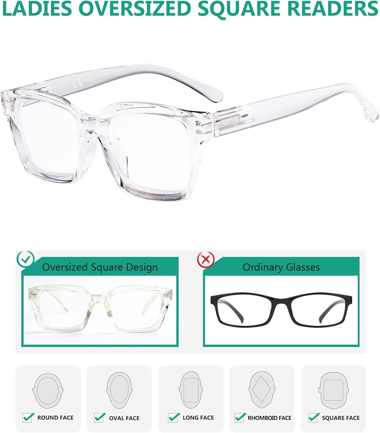 Eyekepper Ladies Reading Glasses - Oversized Square Design Readers for Women Transparent, +4.00 - Image 5