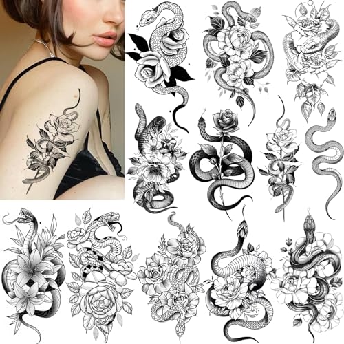 Tazimi Snake Temporary Tattoos 12 Sheets 3D Black Realistic Snake Rose Floral Tattoos Stickers Large Sexy Flower Serpent Fake Tattoo Stickers Body Art Decorations