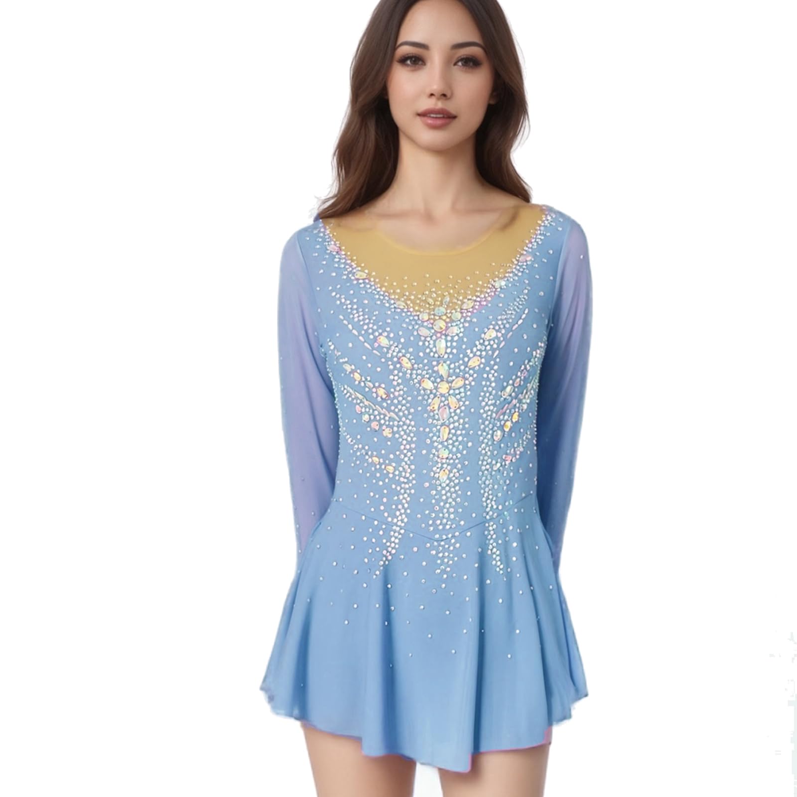 LIUHUO Figure Skating Dress Girls' Long Sleeves Womens Competition Elegant Handmade Crystal Blue