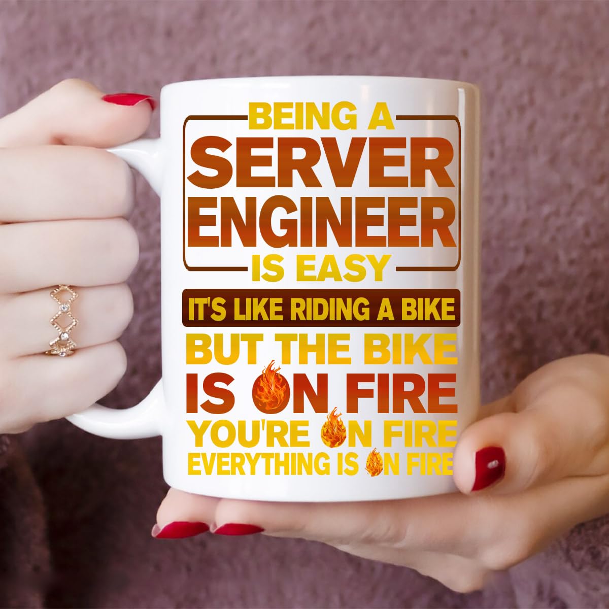 11oz Server Engineer Mug - Funny Server Engineer Gift, Humor Ceramic Coffee Mug Being A Server Engineer Is Easy, Like Riding A Bike On Fire - Unique 11oz Cup for Server Engineer Pros