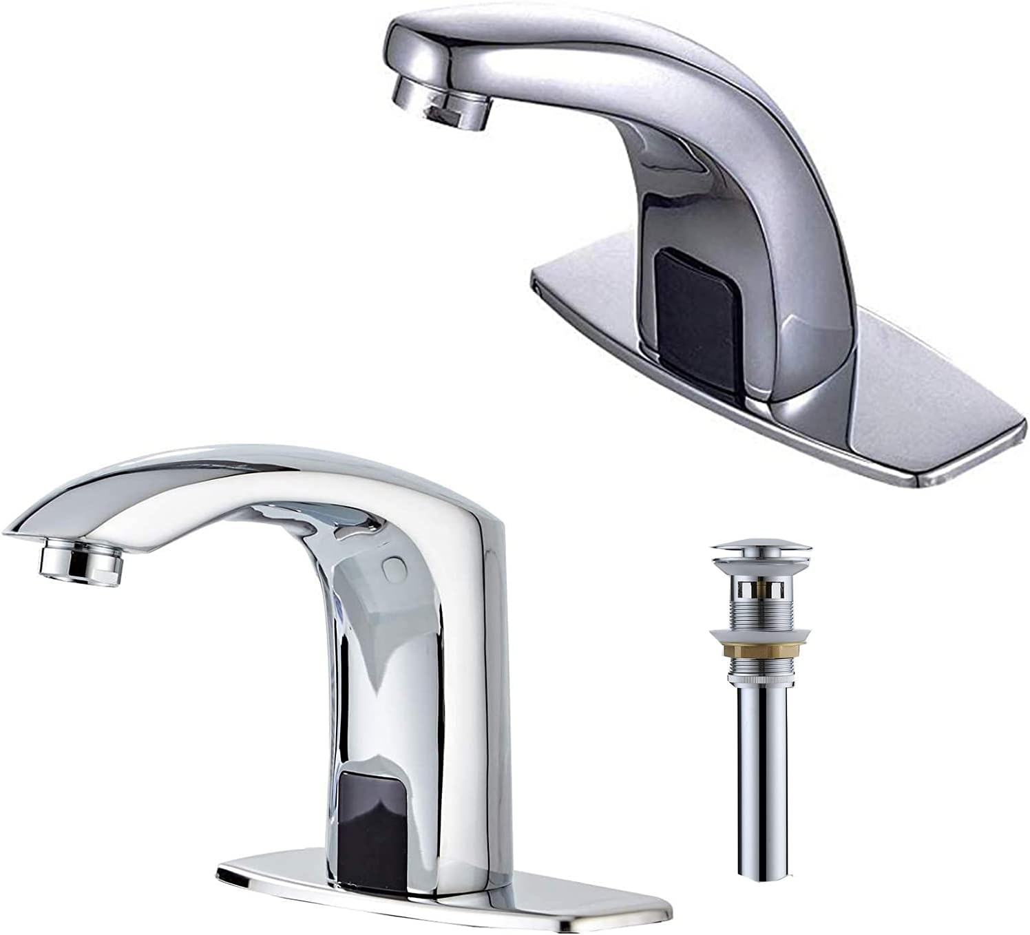 Touchless Automatic Sensor Bathroom Faucet Chrome with Pop Up Drain Overflow Dual-Powered Chrome Vanity Faucets Hands Free Bathroom Water Tap with Control Box and Temperature Mixer Drain Stopper