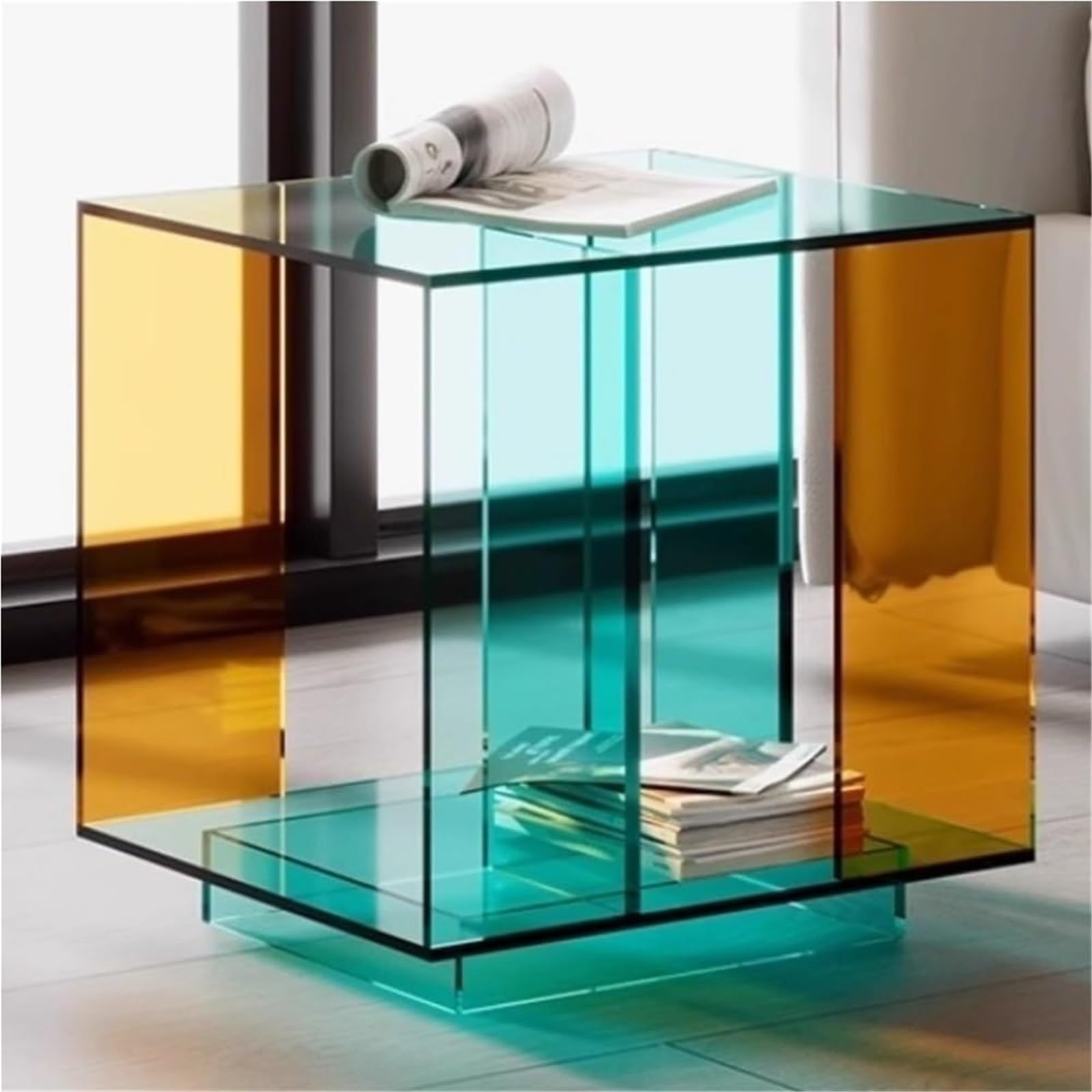 SXZenSpace Side Table with Open Storage Rack Clear Bedside Acrylic Display End Tables Square Nightstand for Living Room,Ideal Room