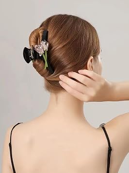 Tulip Flower Hair Claw Clip for Woman, Large Tulip Non-Slip Hair Clip Double Sided Tulip Fashion Hair Accessories for Woman Girls with Long Thick Thin Curly Hair Black