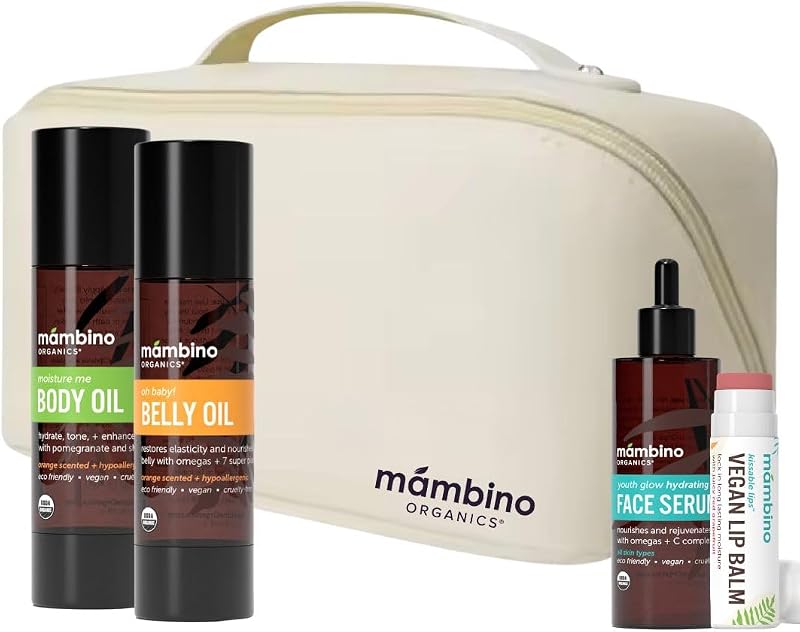 Mambino Organics Bun in the Oven Kit – Conjunto de cuidados da pele com óleos corporais, bálsamo labial e sérum facial, 5 peças com bolsa