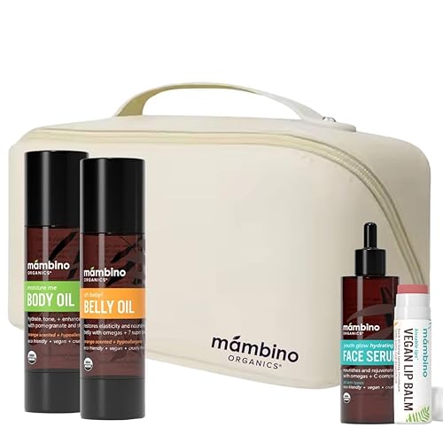 Mambino Organics Bun in the Oven Kit – Set de cuidado de la piel durante el embarazo con aceite corporal, aceite para el vientre, bálsamo labial y