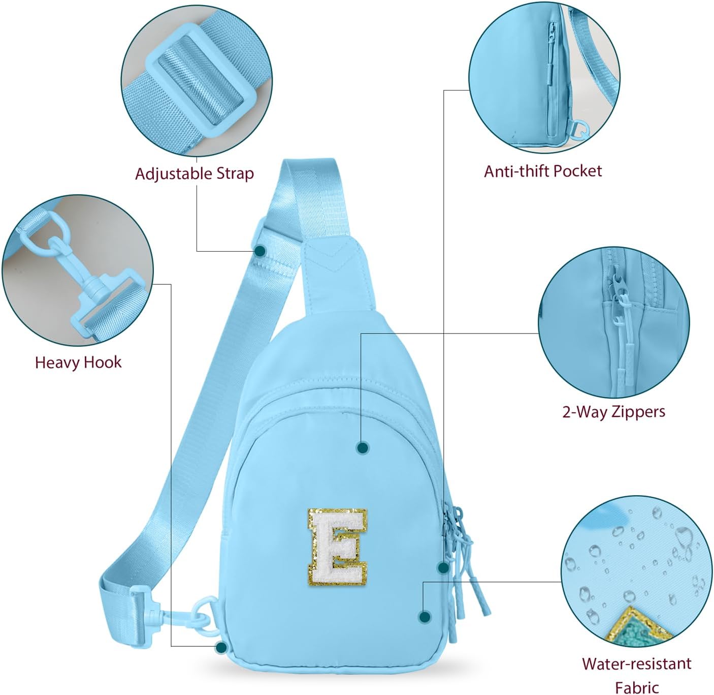 Personalized Initial Crossbody Bag for Tween Girls, Sky-blue, E image 3