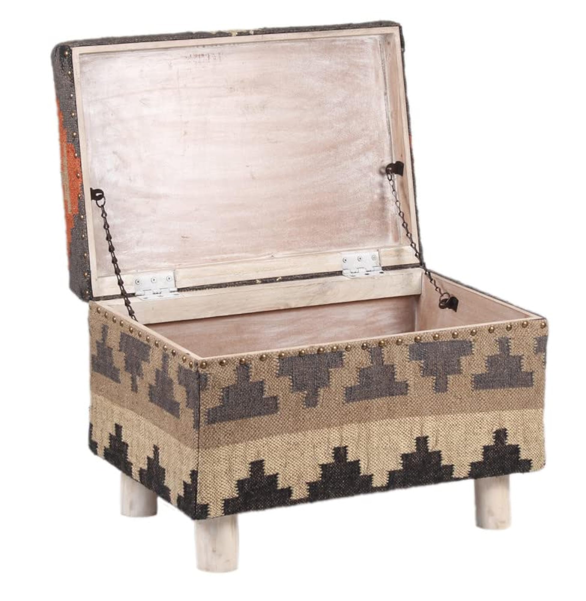 Sophia Upholstered Wooden Storage with Eucalyptus Leg Wool Jute Durrie