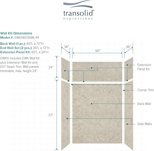 Miniatura 263 de Transolid EWKX483696-41 Expressions - Kit de pared de ducha de 6 paneles con extensión, 36 pulgadas de largo x 48 pulgadas de ancho x 96 pulgadas